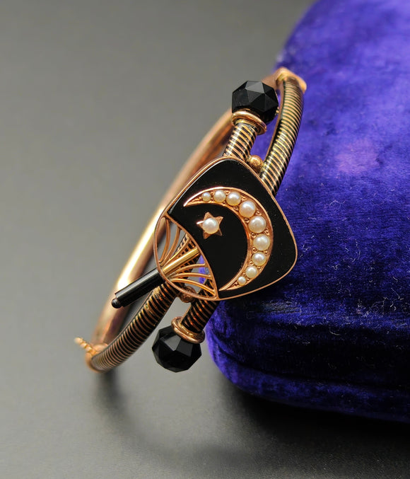 Antique  Victorian 14K Gold Onyx Black Enamel Split Pearl Crescent Baby Young Child Bangle Bracelet, Wrist Size 5-5.25
