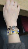 Mid-century Retro 18K Three-Section GIA Ceylon No Heat Sapphire Old Mine Diamond Greek Key Mesh Link Bracelet