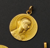 Antique French 18K Gold Virgin Mary Medal Pendant Engraved 1943, Religious Protection Charm