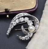 Vintage Mid-century Retro French Mauboussin 18k Gold Old Mine Cut Diamond Pearl Brooch, Gift for Her