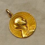 Antique French 18K Gold Devotional Virgin Mary Medal Pendant , Signed F. Vernon, Religious Protection Charm