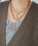 Antique 1900s 14K Solid Gold Paper Clip Link and Oval Link Albert Watch Chain Choker Necklace, 14", Gift for Her