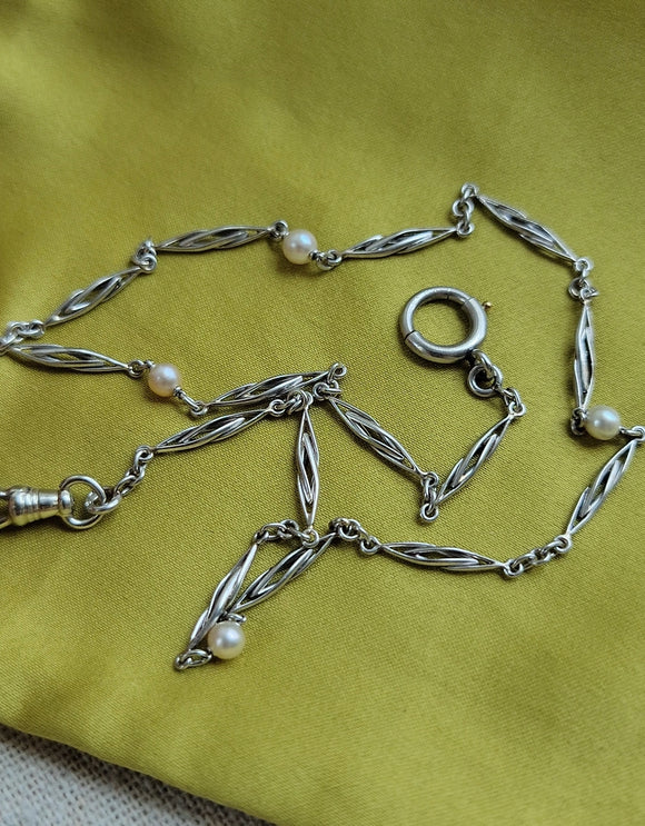 Antique French Edwardian Platinum Pearl Watch Fob Chain Choker Necklace, Gift for Her