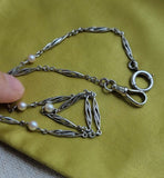 Antique French Edwardian Platinum Pearl Watch Fob Chain Choker Necklace, Gift for Her