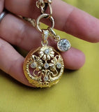 Antique 18K Floral Old Cut Diamond Charm Pendant, Gift for Her