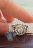 Antique Early 1900s Edwardian/Art Deco Platinum Old Cut Diamond Cluster Halo Daisy Ring, 7.5-7.75