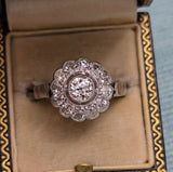 Antique Early 1900s Edwardian/Art Deco Platinum Old Cut Diamond Cluster Halo Daisy Ring, 7.5-7.75