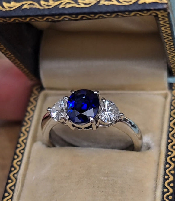Vintage Platinum GIA Burma No Heat Royal Blue Sapphire Diamond Trilogy Three Stone Ring, Size 6.75-7
