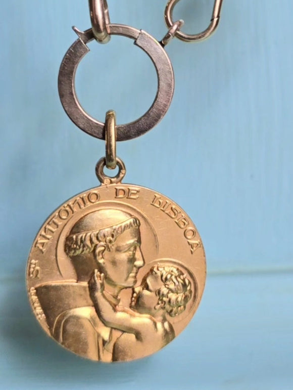 Large Size Vintage Portuguese 19.2k High-Karat Yellow Gold Saint Anthony Protection Medallion Charm Pendant, Catholic Religious Talisman