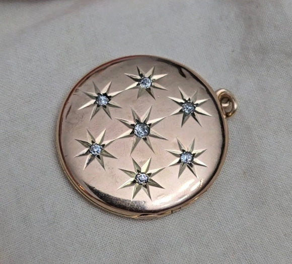 Antique 9K Solid Gold Old Mine Cut Diamond Starburst Round Shape Photo Locket, No Monogram, Gift for Her