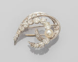 Vintage Mid-century Retro French Mauboussin 18k Gold Old Mine Cut Diamond Pearl Brooch, Gift for Her