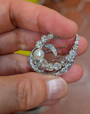 Vintage Mid-century Retro French Mauboussin 18k Gold Old Mine Cut Diamond Pearl Brooch, Gift for Her