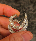 Vintage Mid-century Retro French Mauboussin 18k Gold Old Mine Cut Diamond Pearl Brooch, Gift for Her