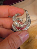 Vintage Mid-century Retro French Mauboussin 18k Gold Old Mine Cut Diamond Pearl Brooch, Gift for Her