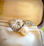 Antique Edwardian Platinum 1.22 Ct Old Cut Diamond Pearl Two Stone Toi et Moi Bypass Engagement Ring, Size 6-6.25