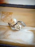 Antique Edwardian Platinum 1.22 Ct Old Cut Diamond Pearl Two Stone Toi et Moi Bypass Engagement Ring, Size 6-6.25