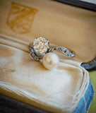 Antique Edwardian Platinum 1.22 Ct Old Cut Diamond Pearl Two Stone Toi et Moi Bypass Engagement Ring, Size 6-6.25