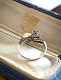 Antique Edwardian Platinum 1.22 Ct Old Cut Diamond Pearl Two Stone Toi et Moi Bypass Engagement Ring, Size 6-6.25