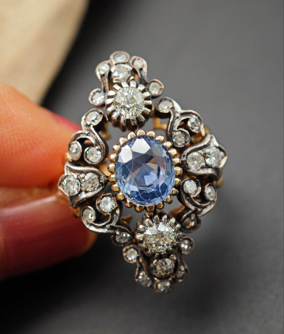 Vintage Antique Victorian Revival 18K Silver Old Cut Diamond Sapphire Navette Statement Cocktail Ring, Size 7