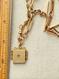 Antique 10K Solid Gold Old Cut Diamond Starburst Square Shape Watch Fob Locket, Monogram AG, Gift for Her