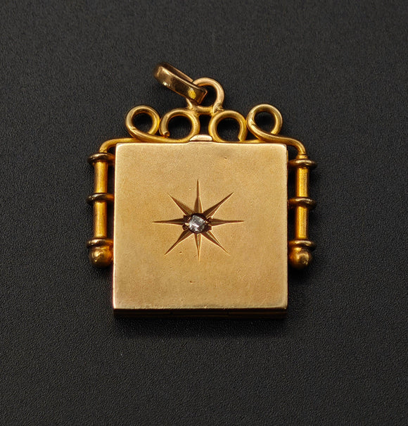 Antique 10K Solid Gold Old Cut Diamond Starburst Square Shape Watch Fob Locket, Monogram AG, Gift for Her