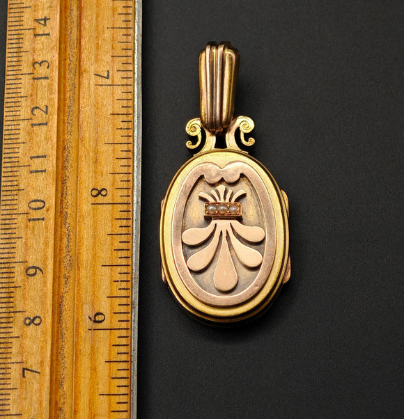 Victorian Etruscan Revival 14K Gold Seed Pearl Oval Locket - Circa 1880s