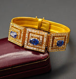 Mid-century Retro 18K Three-Section GIA Ceylon No Heat Sapphire Old Mine Diamond Greek Key Mesh Link Bracelet