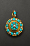 Antique French 18k Turquoise, Seed Pearl & Rose-Cut Diamond Floral Locket, Late 19th Century