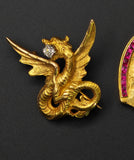 Antique French 18k Gold Old Mine Cut Damond Chimera Griffin Dragon Brooch, Circa 1900
