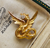 Antique French 18k Gold Old Mine Cut Damond Chimera Griffin Dragon Brooch, Circa 1900