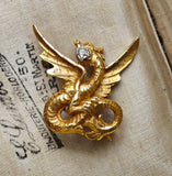 Antique French 18k Gold Old Mine Cut Damond Chimera Griffin Dragon Brooch, Circa 1900