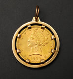 Antique 1899 United States Liberty Head Gold Coin Pendant in French 18K Bezel