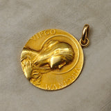 Antique French 18K Gold Devotional Virgin Mary Medal Pendant , Signed F. Vernon, Religious Protection Charm
