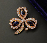 Antique 14K Gold GIA Cambodia No Heat Sapphire Old Mine Cut Diamond Clover Flower Floral Brooch Pendant