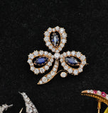 Antique 14K Gold GIA Cambodia No Heat Sapphire Old Mine Cut Diamond Clover Flower Floral Brooch Pendant