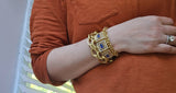 Mid-century Retro 18K Three-Section GIA Ceylon Sri Lanka No Heat Sapphire Old Mine Diamond Greek Key Mesh Link Bracelet
