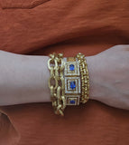Mid-century Retro 18K Three-Section GIA Ceylon Sri Lanka No Heat Sapphire Old Mine Diamond Greek Key Mesh Link Bracelet