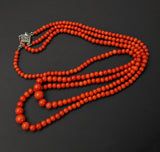 Antique Vintage Double-Strand Natural Undyed Mediterranean Red Coral Bead Necklace, Gift for Her