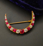 Antique 14K Gold GIA Burma Burmese No Heat Ruby Old Mine Cut Diamond Crescent Brooch