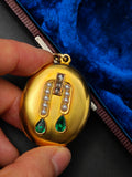 Antique Victorian European 15K Solid Gold Emerald Rose Cut Diamond Seed Pearl Oval Photo Locket,  Circa 1880