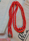 Antique Vintage Double-Strand Natural Undyed Mediterranean Red Coral Bead Necklace, Gift for Her