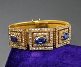 Mid-century Retro 18K Three-Section GIA Ceylon Sri Lanka No Heat Sapphire Old Mine Diamond Greek Key Mesh Link Bracelet