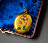 Antique Victorian European 15K Solid Gold Emerald Rose Cut Diamond Seed Pearl Oval Photo Locket,  Circa 1880