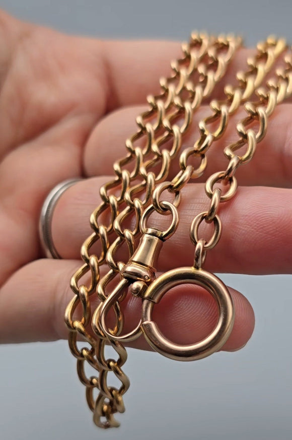 Antique 18K Solid Yellow Gold Big Curvy Link Albert Watch Chain Necklace, 20.5