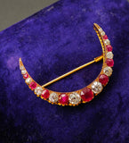 Antique 14K Gold GIA Burma Burmese No Heat Ruby Old Mine Cut Diamond Crescent Brooch