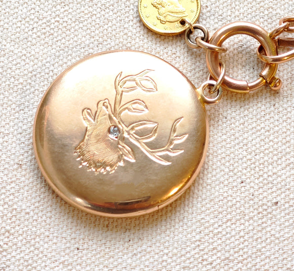 Antique 14k Diamond Deer Elk Locket, Monogram AF