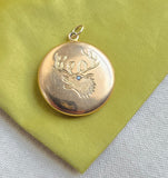 Antique 14k Diamond Deer Elk Locket, Monogram AF