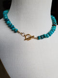 Handmade Genuine Natural Turquoise Bead Strand Necklace, Vermeil Floral Bead Spacer and Toggle Clasp, 17.5" long