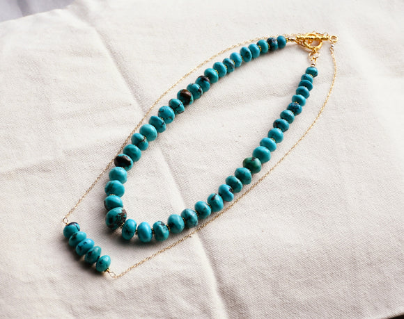 Handmade Genuine Natural Turquoise Bead Strand Necklace, Vermeil Floral Bead Spacer and Toggle Clasp, 17.5