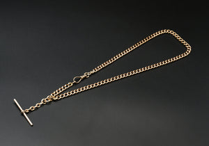 Antique 10K Solid Rose Gold Curb Link Watch Chain with T-bar, 16.25 Inches, Choker Necklace, Watch Fob Chain